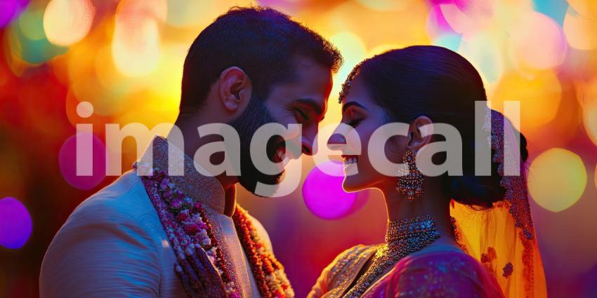 Two Individuals in Traditional Attire with Flower Garlands and Vibrant Bokeh Lights Celebrating a Festive Occasion
