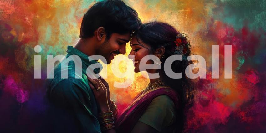 Two Individuals in Traditional Attire with Flower Garlands and Vibrant Bokeh Lights Celebrating a Festive Occasion