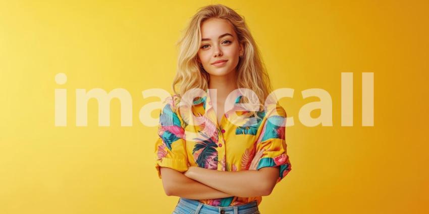 Vibrant Portrait of an Individual in a Colorful Patterned Shirt with Rolled-Up Sleeves and Blue Jeans Against a Bright Yellow Background