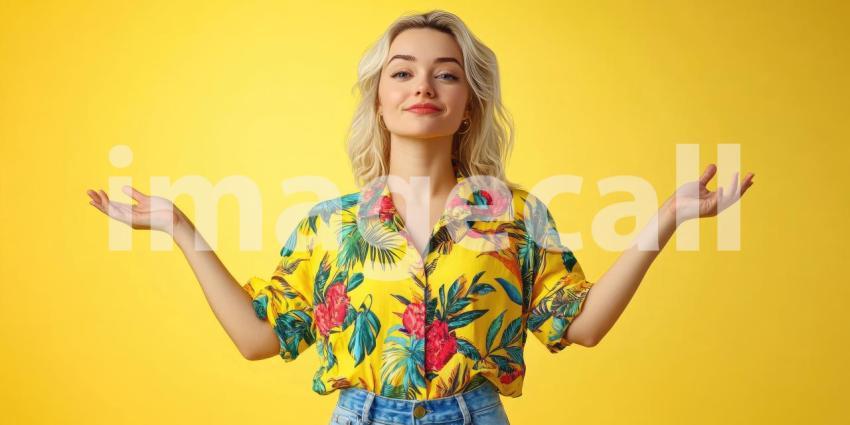 Vibrant Portrait of an Individual in a Colorful Patterned Shirt with Rolled-Up Sleeves and Blue Jeans Against a Bright Yellow Background