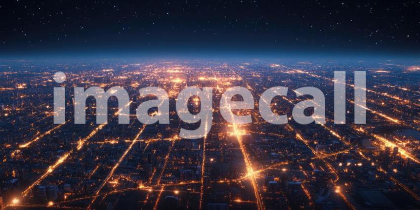 City of Lights: A breathtaking aerial view of a metropolis at night, where a tapestry of twinkling lights illuminates the urban landscape