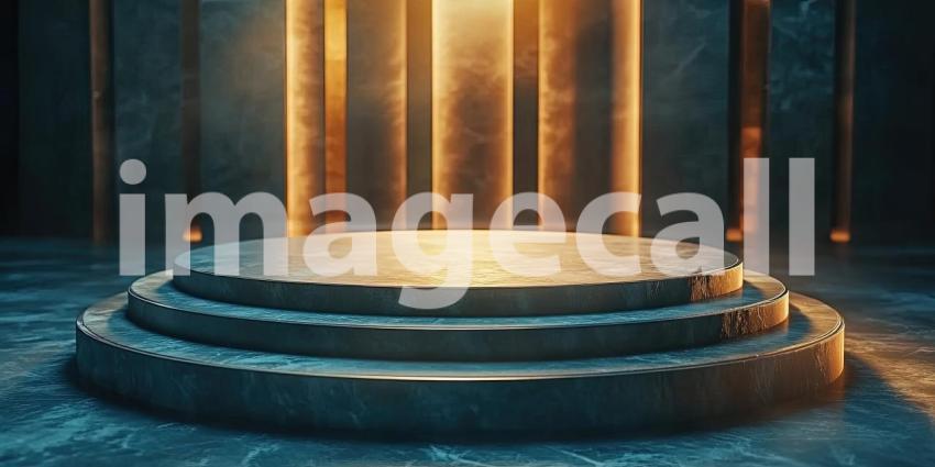 Stage of Mystery: A circular platform bathed in warm light, set against a backdrop of textured darkness, invites contemplation and discovery