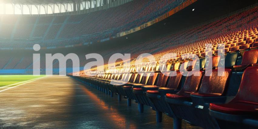 Empty Stands, Endless Possibilities: A vast stadium awaits the roar of the crowd, its rows of seats bathed in the golden light of anticipation
