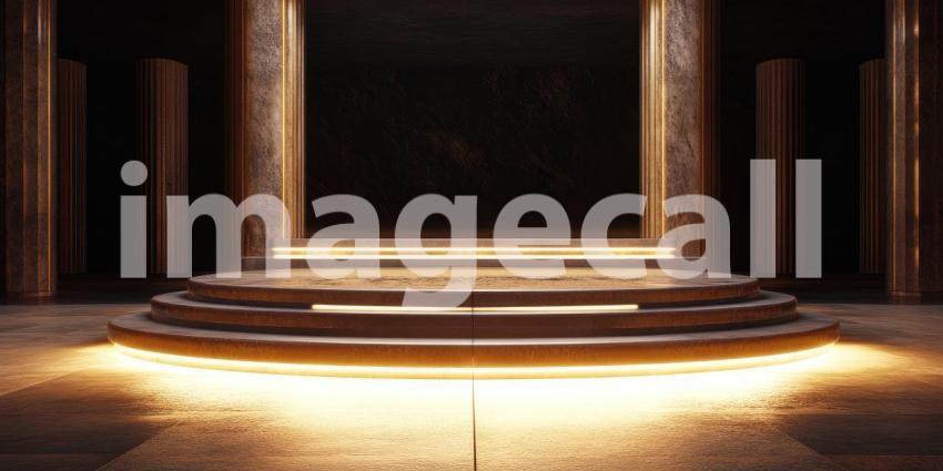 Stage of Mystery: A circular platform bathed in warm light, set against a backdrop of textured darkness, invites contemplation and discovery