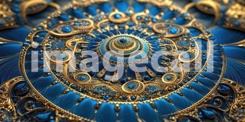 A Tapestry of Gold and Blue: An intricate circular design, adorned with ornate patterns and shimmering gold accents, evokes a sense of grandeur and timeless elegance