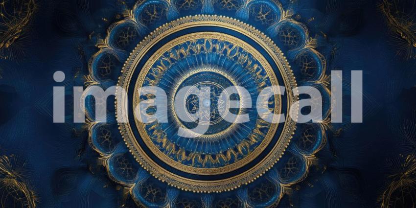 A Tapestry of Gold and Blue: An intricate circular design, adorned with ornate patterns and shimmering gold accents, evokes a sense of grandeur and timeless elegance