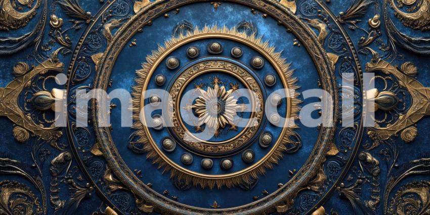 A Tapestry of Gold and Blue: An intricate circular design, adorned with ornate patterns and shimmering gold accents, evokes a sense of grandeur and timeless elegance