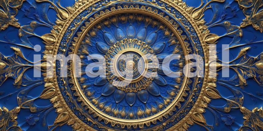 A Tapestry of Gold and Blue: An intricate circular design, adorned with ornate patterns and shimmering gold accents, evokes a sense of grandeur and timeless elegance