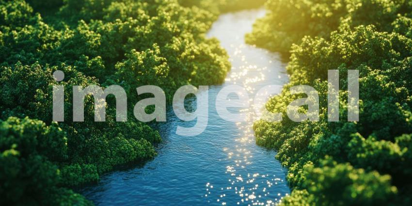 River of Sunlight: A sun-dappled river winds through a lush green forest, casting shimmering reflections on the water's surface
