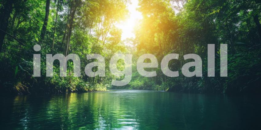 River of Sunlight: A sun-dappled river winds through a lush green forest, casting shimmering reflections on the water's surface