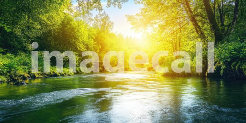 River of Sunlight: A sun-dappled river winds through a lush green forest, casting shimmering reflections on the water's surface