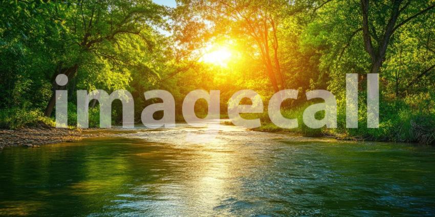 River of Sunlight: A sun-dappled river winds through a lush green forest, casting shimmering reflections on the water's surface