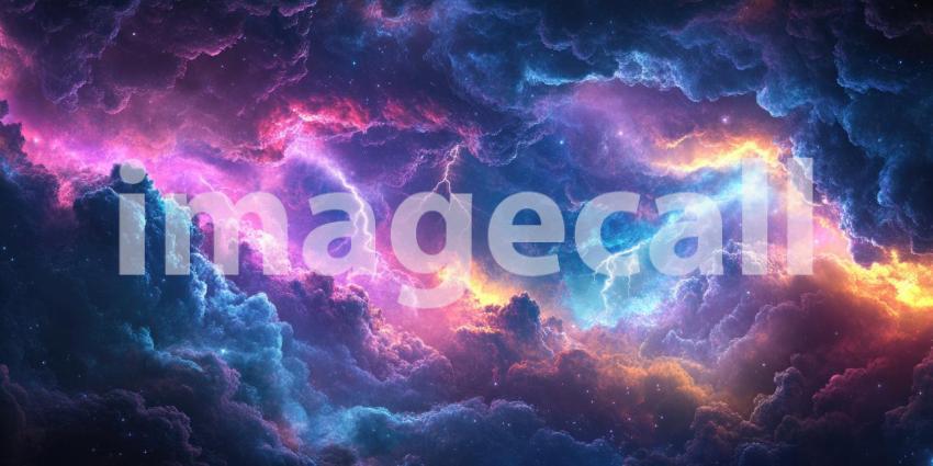 Crimson Skies: A dramatic storm rages across the sky, where streaks of lightning illuminate a canvas of vibrant pink and blue clouds