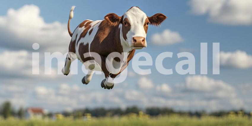 Udderly Unbelievable: A Holstein cow defies gravity, leaping through the air with a look of surprise, creating an image that's both whimsical and absurd