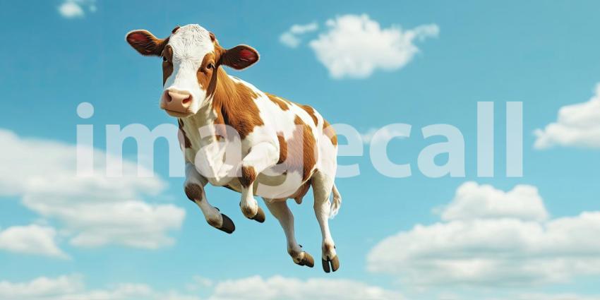 Udderly Unbelievable: A Holstein cow defies gravity, leaping through the air with a look of surprise, creating an image that's both whimsical and absurd