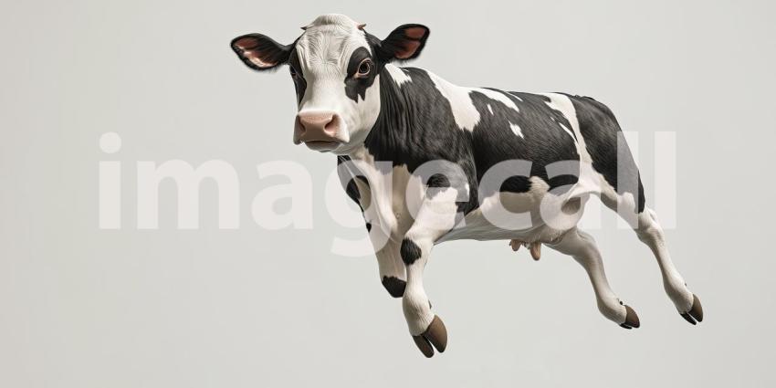 Udderly Unbelievable: A Holstein cow defies gravity, leaping through the air with a look of surprise, creating an image that's both whimsical and absurd