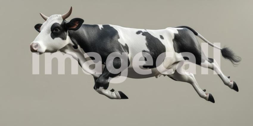 Udderly Unbelievable: A Holstein cow defies gravity, leaping through the air with a look of surprise, creating an image that's both whimsical and absurd