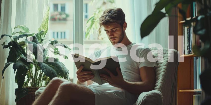 Peaceful Indoor Reading with Natural Light and Greenery