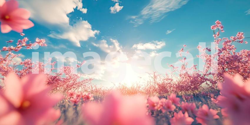 Spring Awakening: A field of delicate blossoms reaches towards a sun-drenched sky, a vibrant display of nature's renewal