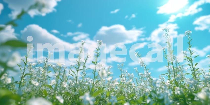 Spring Awakening: A field of delicate blossoms reaches towards a sun-drenched sky, a vibrant display of nature's renewal