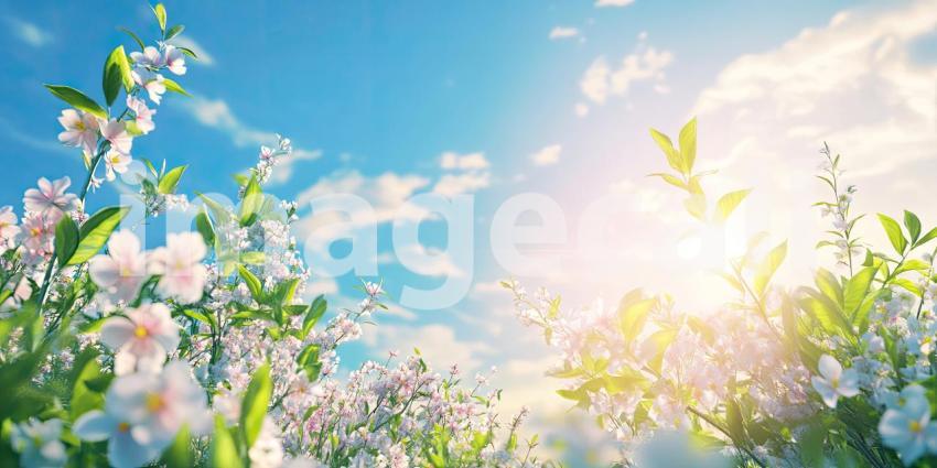 Spring Awakening: A field of delicate blossoms reaches towards a sun-drenched sky, a vibrant display of nature's renewal
