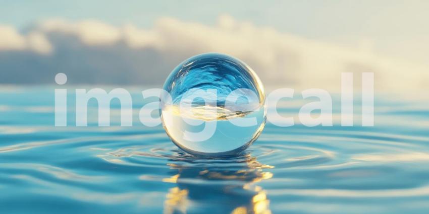 World in a Drop: A crystal sphere reflects the sky and water, capturing a miniature world within its translucent surface