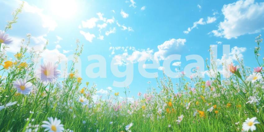 Spring Awakening: A field of delicate blossoms reaches towards a sun-drenched sky, a vibrant display of nature's renewal