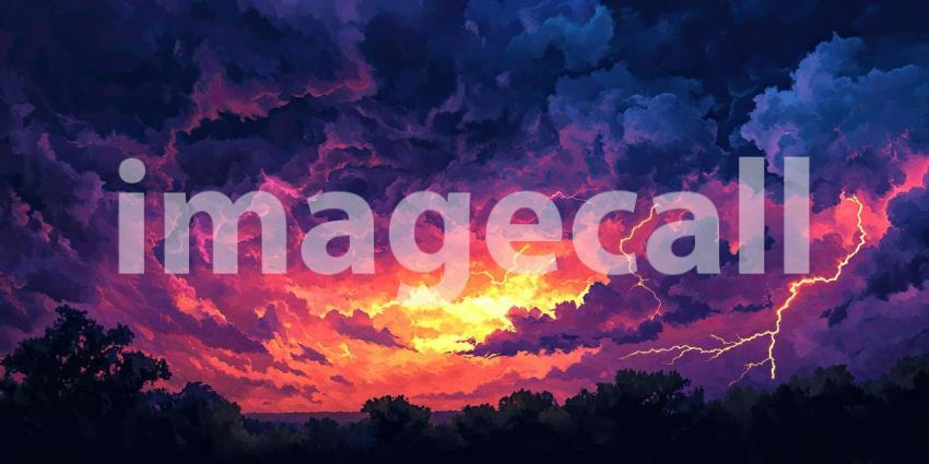 Celestial Fury: A dramatic storm rages across the canvas, where streaks of lightning illuminate a canvas of vibrant pink and blue clouds