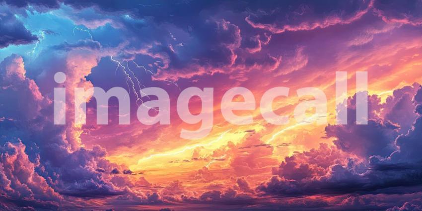 Celestial Fury: A dramatic storm rages across the canvas, where streaks of lightning illuminate a canvas of vibrant pink and blue clouds