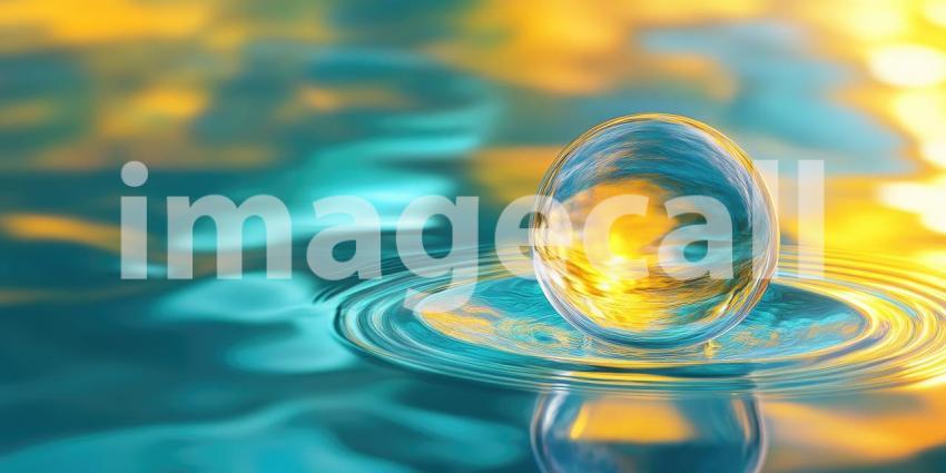 World in a Drop: A crystal sphere reflects the sky and water, capturing a miniature world within its translucent surface