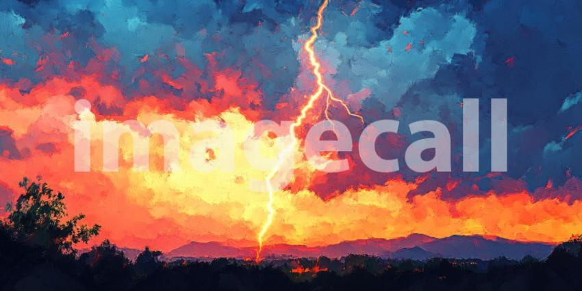 Celestial Fury: A dramatic storm rages across the canvas, where streaks of lightning illuminate a canvas of vibrant pink and blue clouds