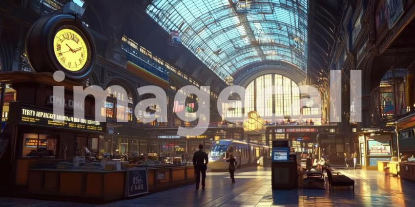 High-Speed Train at Bustling Modern Train Station