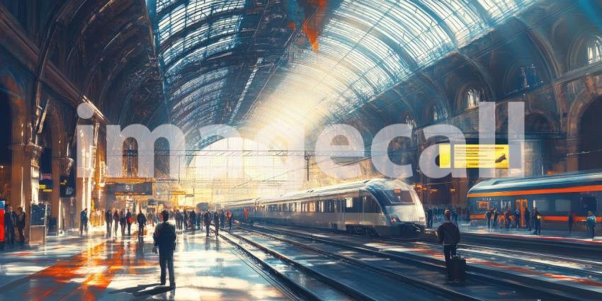 High-Speed Train at Bustling Modern Train Station