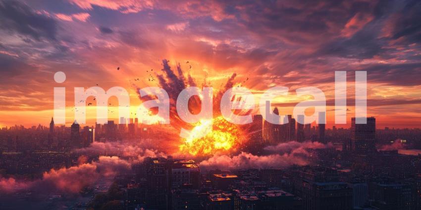 Apocalyptic Horizon: A fiery explosion engulfs a cityscape, casting an ominous shadow over the cityscape in a scene of unimaginable destruction