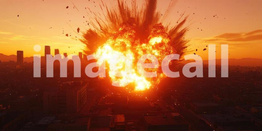 Apocalyptic Horizon: A fiery explosion engulfs a cityscape, casting an ominous shadow over the cityscape in a scene of unimaginable destruction