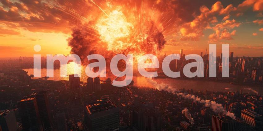 Apocalyptic Horizon: A fiery explosion engulfs a cityscape, casting an ominous shadow over the cityscape in a scene of unimaginable destruction