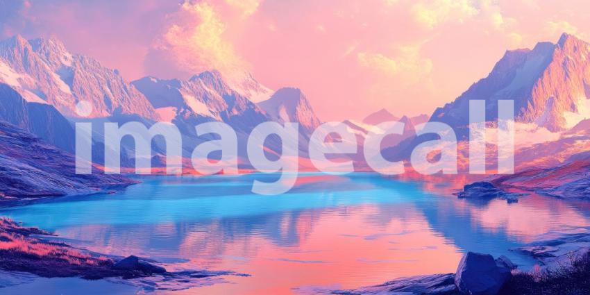 Mountain Oasis: A tranquil lake nestled amidst a breathtaking mountain range, with lush green meadows and a vibrant blue sky completing this picturesque landscape