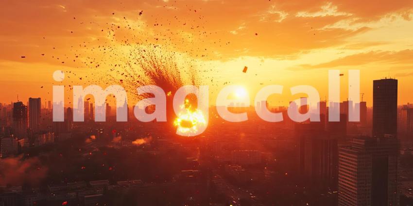 Apocalyptic Horizon: A fiery explosion engulfs a cityscape, casting an ominous shadow over the cityscape in a scene of unimaginable destruction