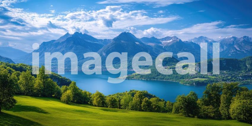 Mountain Oasis: A tranquil lake nestled amidst a breathtaking mountain range, with lush green meadows and a vibrant blue sky completing this picturesque landscape