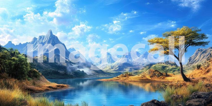 Mountain Oasis: A tranquil lake nestled amidst a breathtaking mountain range, with lush green meadows and a vibrant blue sky completing this picturesque landscape