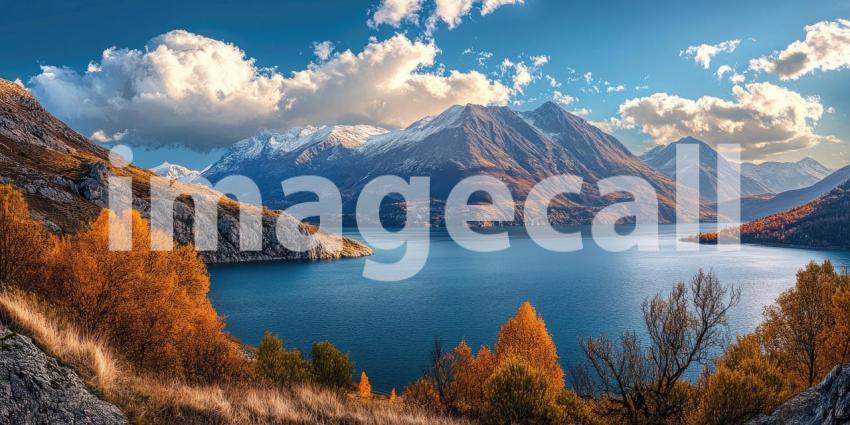 Mountain Oasis: A tranquil lake nestled amidst a breathtaking mountain range, with lush green meadows and a vibrant blue sky completing this picturesque landscape