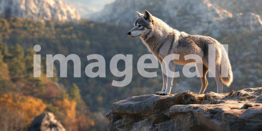 Guardian of the Peaks: A lone wolf stands watch on a rocky precipice, surveying its domain with a keen gaze and a sense of timeless wisdom