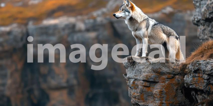 Guardian of the Peaks: A lone wolf stands watch on a rocky precipice, surveying its domain with a keen gaze and a sense of timeless wisdom
