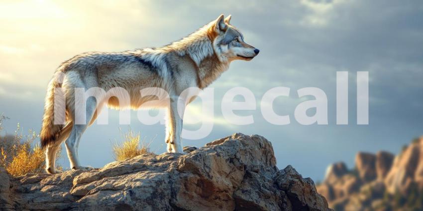 Guardian of the Peaks: A lone wolf stands watch on a rocky precipice, surveying its domain with a keen gaze and a sense of timeless wisdom