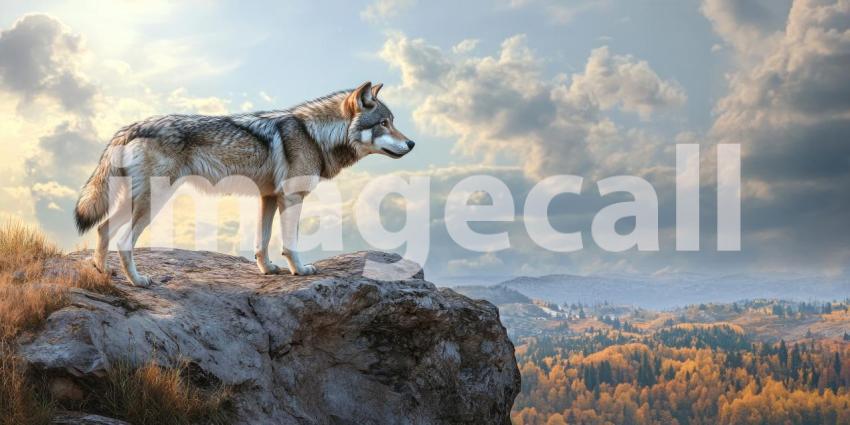 Guardian of the Peaks: A lone wolf stands watch on a rocky precipice, surveying its domain with a keen gaze and a sense of timeless wisdom