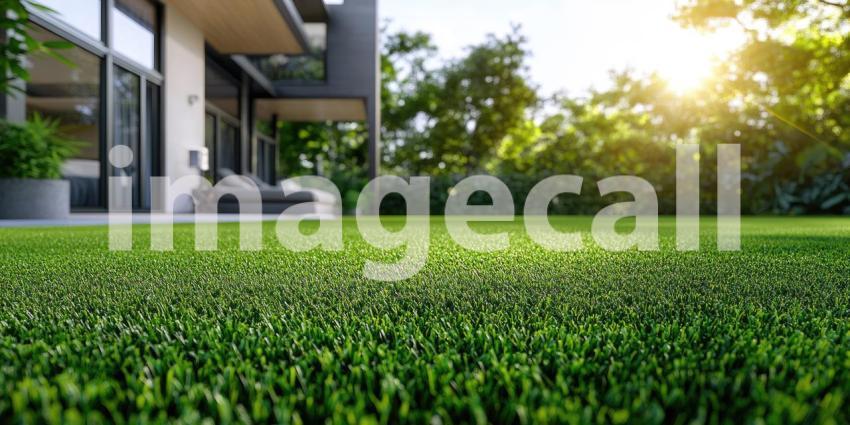 Lush Green Oasis: A modern home with expansive windows overlooks a meticulously manicured lawn, creating a picture of serene luxury and outdoor living