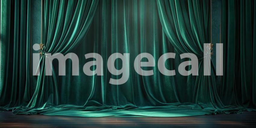 Emerald Enchantment: A pair of plush emerald green curtains frame a darkened stage, their rich texture and dramatic folds hinting at the mysteries that lie within