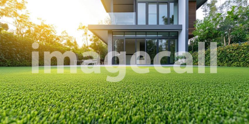 Lush Green Oasis: A modern home with expansive windows overlooks a meticulously manicured lawn, creating a picture of serene luxury and outdoor living