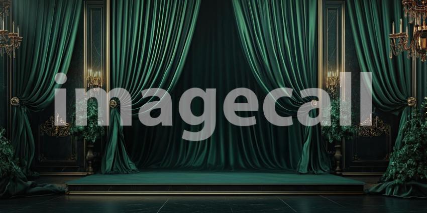 Emerald Enchantment: A pair of plush emerald green curtains frame a darkened stage, their rich texture and dramatic folds hinting at the mysteries that lie within
