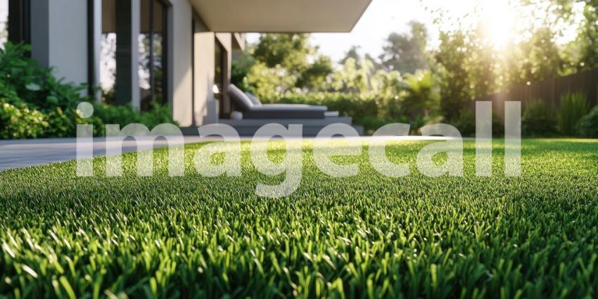 Lush Green Oasis: A modern home with expansive windows overlooks a meticulously manicured lawn, creating a picture of serene luxury and outdoor living